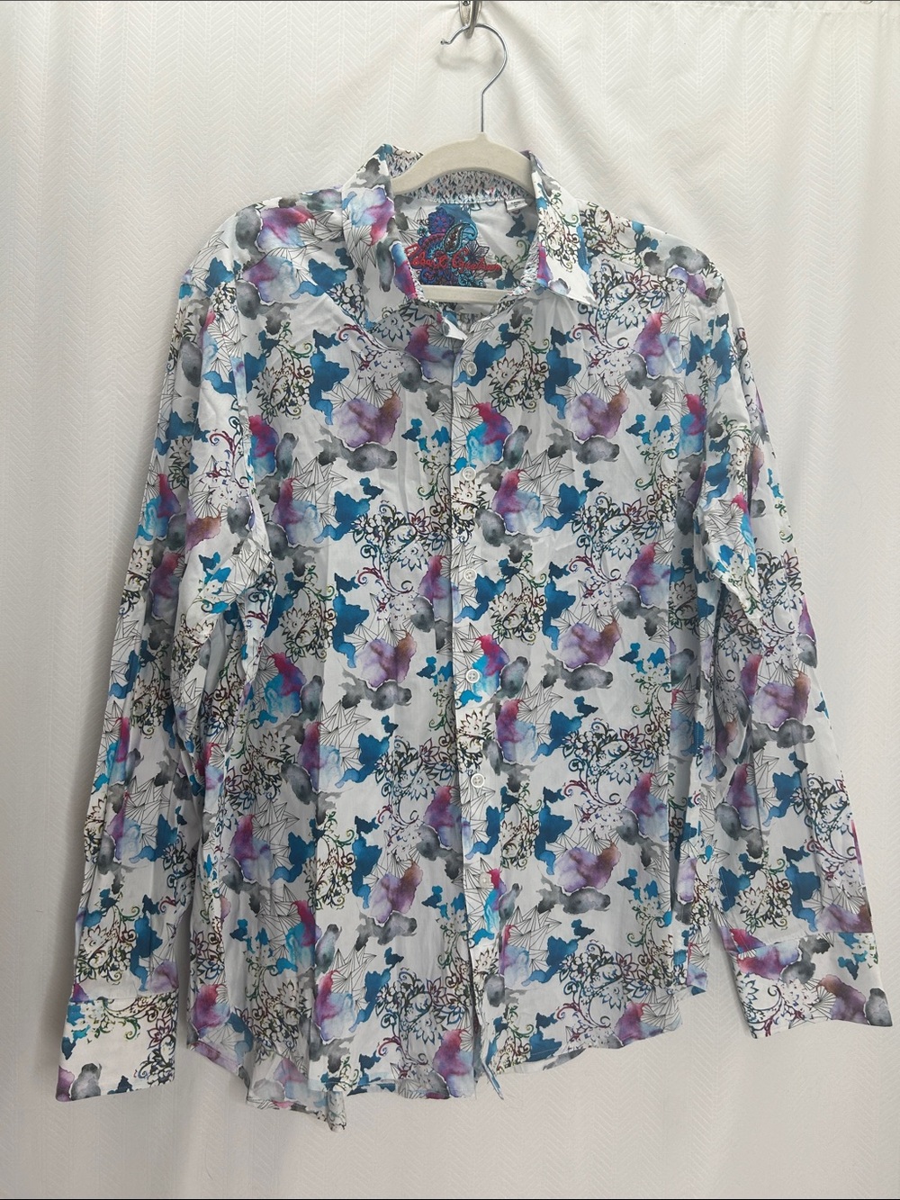 Robert Graham White Floral-Print Dress Shirt with Blue and Purple Accents